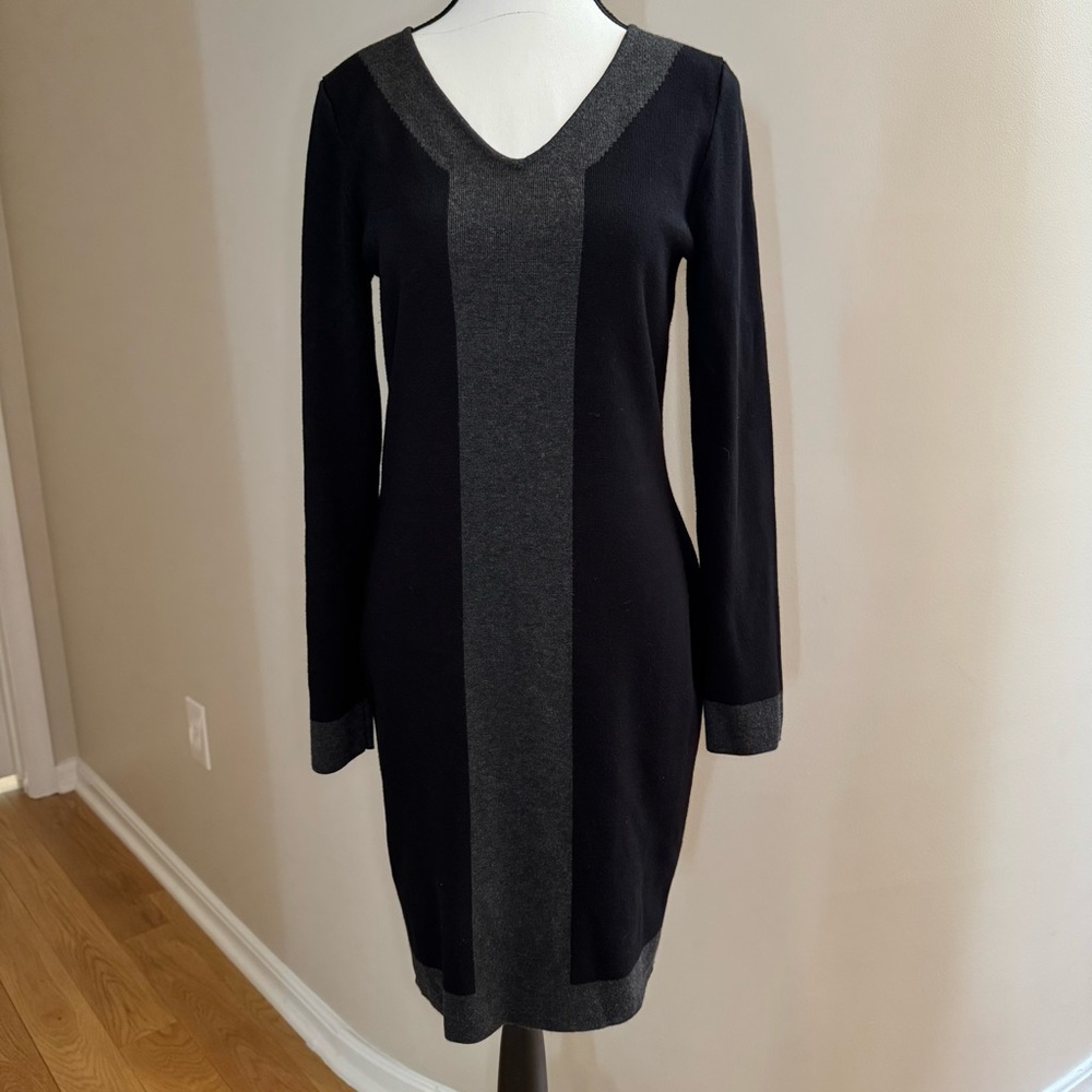 Max Studio Elegant Black and Gray V-Neck Knit Dress, Size M